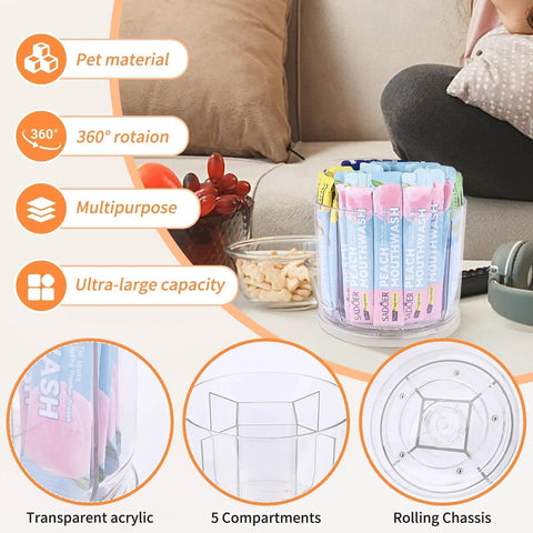 360 Degree Spin Drink Packet Organizer For Pantries And Cabinets, clear acrylic holder, five compartments, drinks stored inside