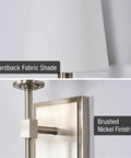 Close-up of Kira Home Torche 20" Mid Century Modern Wall Sconce for Bathroom Vanity, with hardback fabric shade and brushed nickel finish.