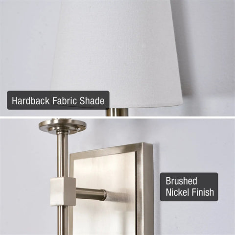Close-up of Kira Home Torche 20" Mid Century Modern Wall Sconce for Bathroom Vanity, with hardback fabric shade and brushed nickel finish.