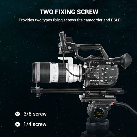 Camera Base Plate With 15mm Rod Clamp Rail Block for Tripod and Shoulder Rigs, Dual Aluminum Plates, 1/4-20 and 3/8-16 Screw Compatibility, Adds Solid Accessory Mount Holes for Cages, Monitors, Microphones, and More. Camera rig with 3/8 and 1/4 screw compatibility.
