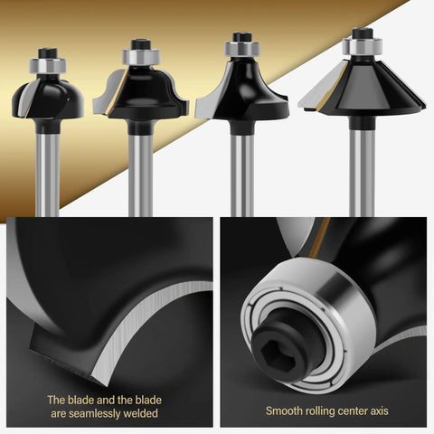 Close-up of hardened steel bits with tungsten carbide tips and seamless welding, part of One Quarter Inch Router Bit Set, 12-piece kit.