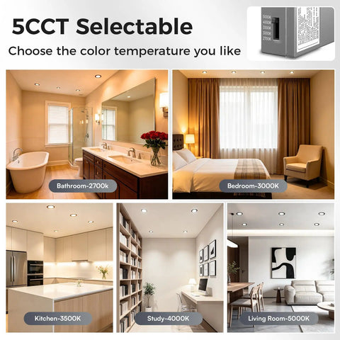 CHARKEE 12 Pack 6 Inch 5CCT LED Recessed Ceiling Lighting with Night Light displayed in various rooms with selectable color temperatures.