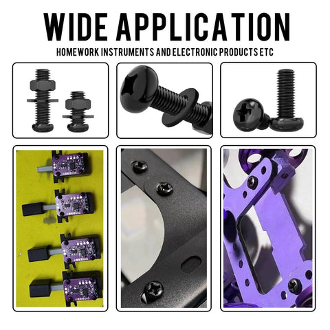 All In One 900 Piece Round Head Screws Kit M2 M2.5 M3 Bolts Nuts And Washers Phillips Drive Pan Head Machine Screws Carbon Steel Black Oxide With Storage Box For DIY Projects And Everyday Repairs