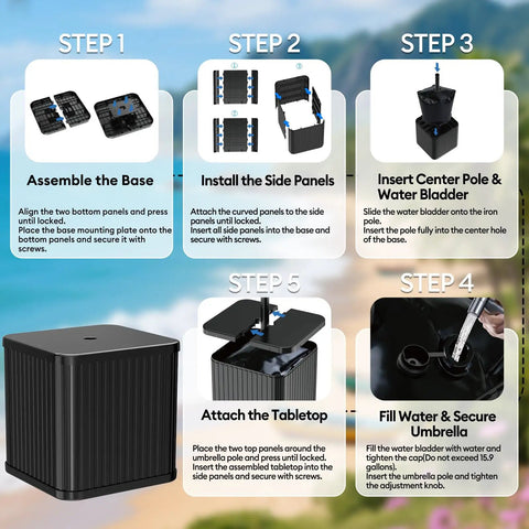 Assembly guide for Umbrella Side Table With Hole For Outdoor Use 2 In 1 Table And Stand With Fillable Base Heavy Duty