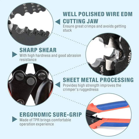 Pro Grade Heavy Duty Wire Rope Crimp Tool For Aluminum Ferrules 0.1-0.5mm 0.5-1.0mm 1.0-2.0mm 2.2mm 6.8 Inch With Four Cavities Crimp Cutter For Railings Decking Picture Hanging Double Barrel Ferrules Rust Resistant CrMo Steel close-up of jaws and ergonomic grip
