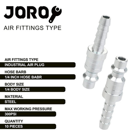 Heavy Duty Quarter Inch Air Plug With Hose Barb Slick Steel Construction Rock Solid 300 Psi Rating Badass Industrial Grade 10 Piece Pack for air compressor setup with 1/4 inch barb.