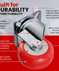 Close-up of Eight Pack 2 Inch Swivel Plate Caster Wheels Red Polyurethane No Brake Casters With 50mm Plate And 33mm Hole Centers