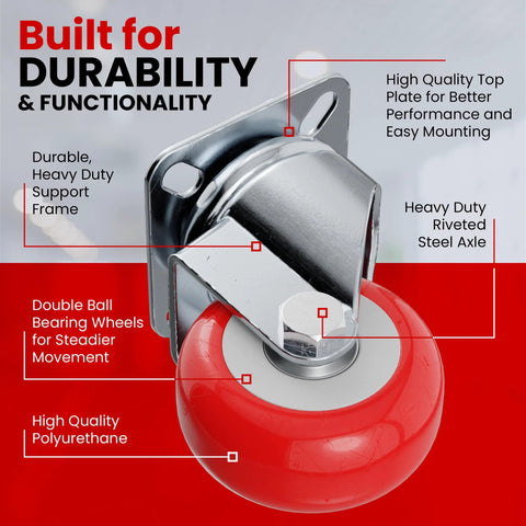 Close-up of Eight Pack 2 Inch Swivel Plate Caster Wheels Red Polyurethane No Brake Casters With 50mm Plate And 33mm Hole Centers
