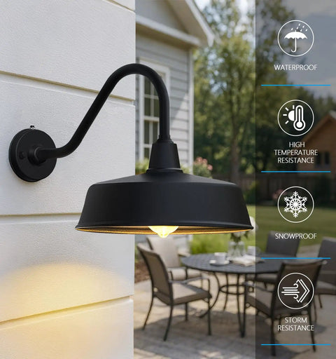 Gooseneck Barn Light With 15 Inch Arm Dusk To Dawn Outdoor Porch Fixture Vintage Rustic Exterior Lighting for house patio.