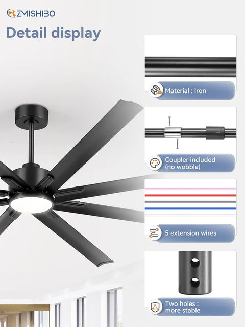 Rock Solid 36 Inch Ceiling Fan Downrod Extension Rod With Tight Coupler And Quick Wire Hookup Using 1 Inch Tubular Steel In Smooth Black Coating, showing iron material and coupler.