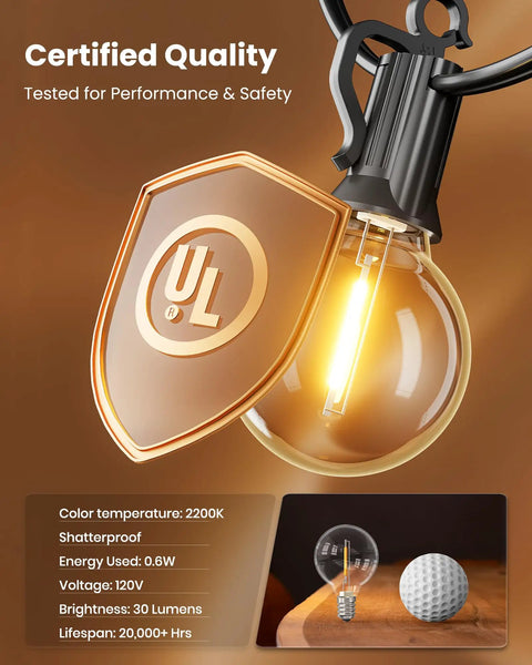 Close-up of Outdoor String Lights 29 Feet G40 LED Patio Lighting Plug In With 13 Plastic Edison Bulbs And 1 Spare, UL Certification
