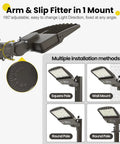 Switchable LED Parking Lot Light For Driveways And Lots 150W 180W 200W With Arm Mount and Slip Fitter, installation methods shown