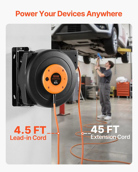 Heavy Duty 45 Ft Retractable Extension Cord Reel With Lighted Triple Tap Outlet, 15 Amp Circuit Breaker, 12AWG 3C SJTOW Cord, 180 Degree Swivel Bracket For Ceiling Or Wall Mount, Weather Resistant And Tangle Free mounted on wall in garage
