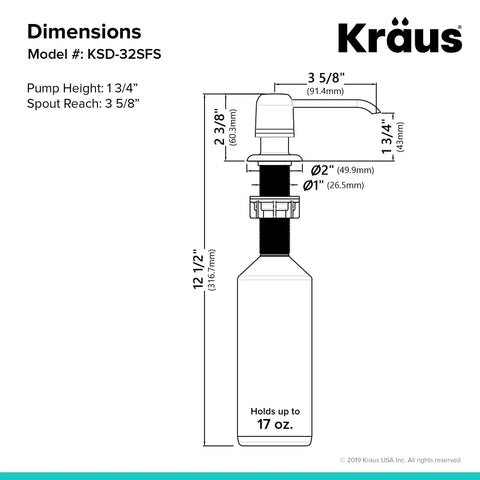 Technical diagram of Spot Free Stainless Steel Soap And Lotion Dispenser With Self Priming Pump dimensions and capacity details.