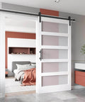 Glass Barn Door 42 By 84 Inches With 7 Feet Sliding Hardware Kit And Handle Solid Wood Core Covered In Waterproof PVC Surface 5 Panel Frosted Glass Easy Install DIY Friendly For 38 To 40 Inch Wide Openings installed view