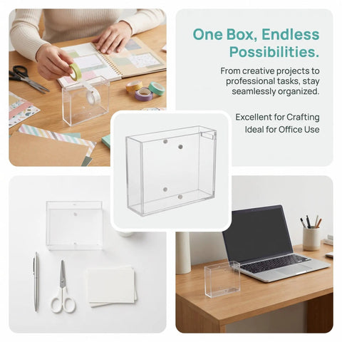 Dual Sided Clear Acrylic Label Roll Dispenser Featuring A Smooth Pull Through Tray Straight Up The Sleek Desktop Organizer for shipping tags and crafting supplies.