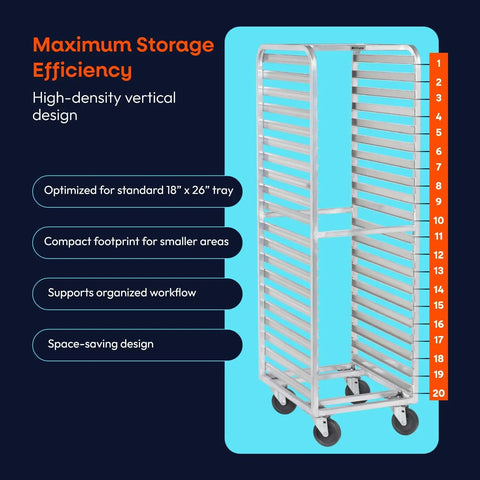 Hardcore Aluminum Bakery Rack That Cradles Twenty Sheet Pans With Roomy Three Inch Spacing And Bulletproof Double Welded Frame Plus Grease Proof Swivel Casters For High Volume Commercial Kitchens
