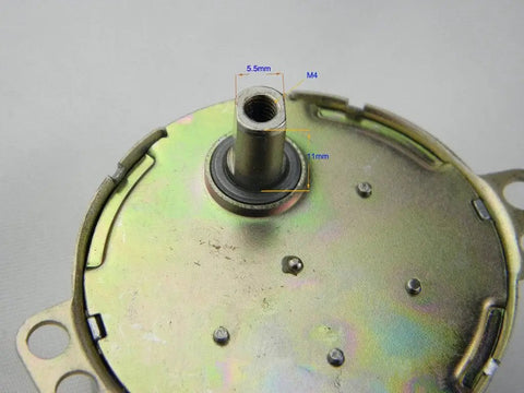 Close-up of TYD-50 Small Synchronous Gear Motor 110V AC 5-6 RPM CCW with 11mm flush shaft, detailed view of shaft dimensions.