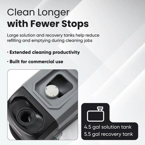 Close-up of solution and recovery tank on Battery Powered Walk Behind Floor Scrubber Buffer Polisher with Foldable Handle.