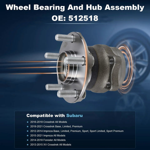 Rear Wheel Bearing Hub Assembly For Subaru Crosstrek Impreza Forester And XV Crosstrek With Five Lug And ABS OEM Quality Replacement Hub For 2012 To 2021 Models Easy Install Plug And Play shown with specifications and compatibility.