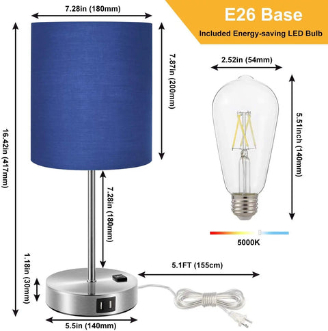 Touch Control Table Lamp Blue Shade Three Way Dimmable Lamp With Two Fast Charging USB Ports And Power Outlet dimensions