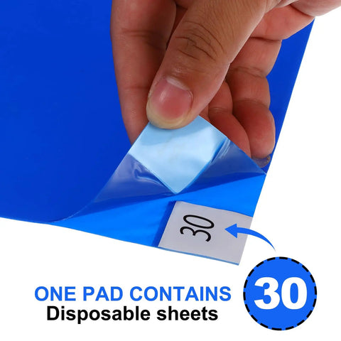 Heavy Duty Tear Away Sticky Adhesive Floor Mats 36 By 18 Inch Grit Eater Mud Scoop 300 Sheets Blue Disposable shoe soiler, detailing a sheet being peeled.