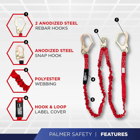 ATERET Safety Harness Kit With Detachable 6 Foot Double Leg Lanyard External Shock Absorbing System OSHA ANSI Fall Protection red hooks