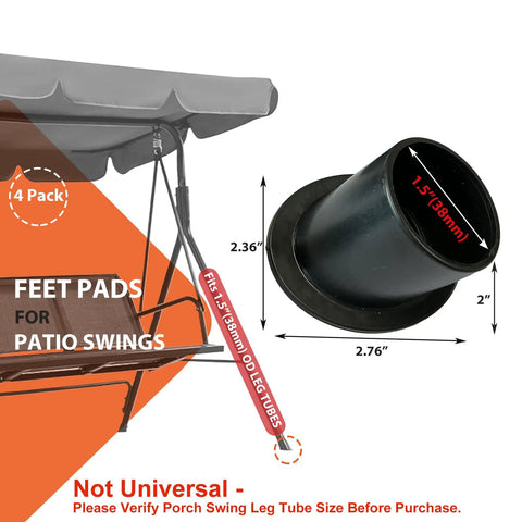 Anti Slip Patio Swing Foot Caps For 1.5 Inch Diameter Leg Tubes Angled Black Plastic Stabilizers shown with measurements
