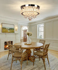 Dining room with Small Crystal Chandelier LED Ceiling Light Flush Mount, 11.8 Inch, warm white glow, elegant raindrop design