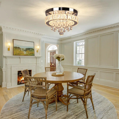 Dining room with Small Crystal Chandelier LED Ceiling Light Flush Mount, 11.8 Inch, warm white glow, elegant raindrop design