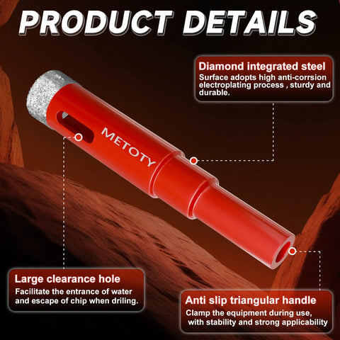 Rock Solid 6 Piece Diamond Hole Saw Drill Bit Set With Serrated Pilot for Ceramic Glass tile, showing diamond coated tip and red handle.