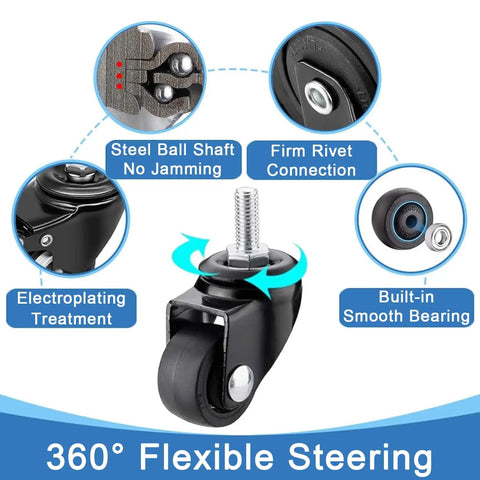 Close-up of Heavy Duty TPE Rubber Caster Wheels Set Of 4 1.5 To 2 Inch No Brake Stem Castors With 360 Degree Silent Spin