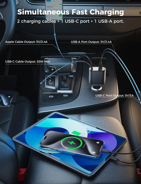 Upgraded Retractable Car Charger 4 In 1 Fast USB C and Apple Car Adapter charging devices in vehicle console