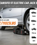 All In One 5 Ton 12V Electric Car Jack Kit lifting a sedan showcasing hydraulic jack