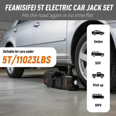 All In One 5 Ton 12V Electric Car Jack Kit lifting a sedan showcasing hydraulic jack