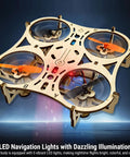 DIY Wooden Drone Kit With Dope Protective Frame For Safe Flying, 3 Speed RC Quadcopter showing LED lights in action