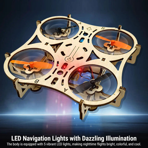 DIY Wooden Drone Kit With Dope Protective Frame For Safe Flying, 3 Speed RC Quadcopter showing LED lights in action