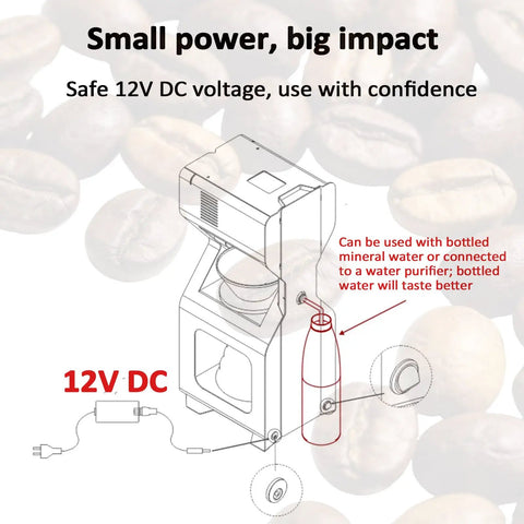 Next Level Electric Ice Drip Coffee Maker And Digital Cold Brew Machine With Hella Smooth Led Touchscreen temperature control showing 12V DC power connection.