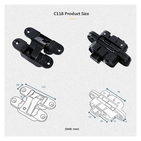 Diagram and photo of Three Dimensional Invisible Door Hinges For Wooden Doors That Fold And Hide With 180 Degree Inside And Outside Opening Hidden Hinges In Gold Finish Right Open By Youngran showing dimensions and features.