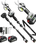 Heavy Duty Cordless Electric Pruning Shears With Telescopic Pole And Lcd Display 21 Volt Dual Battery Kit Sk7 Steel Blades and accessories.