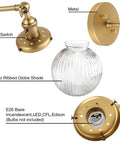 Vintage Industrial Wall Sconce Lighting Fixture With Five Point Nine Inch Round Clear Ribbed Glass Globe Antique Brass Gold Finish E26 Base 60W Max 110-120V Dimmable With LED CFL Halogen Incandescent Bulbs Hallway Living Room showing metal parts and clear ribbed globe shade.