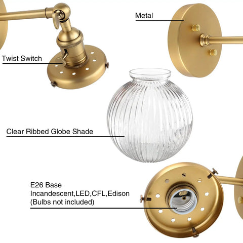 Vintage Industrial Wall Sconce Lighting Fixture With Five Point Nine Inch Round Clear Ribbed Glass Globe Antique Brass Gold Finish E26 Base 60W Max 110-120V Dimmable With LED CFL Halogen Incandescent Bulbs Hallway Living Room showing metal parts and clear ribbed globe shade.