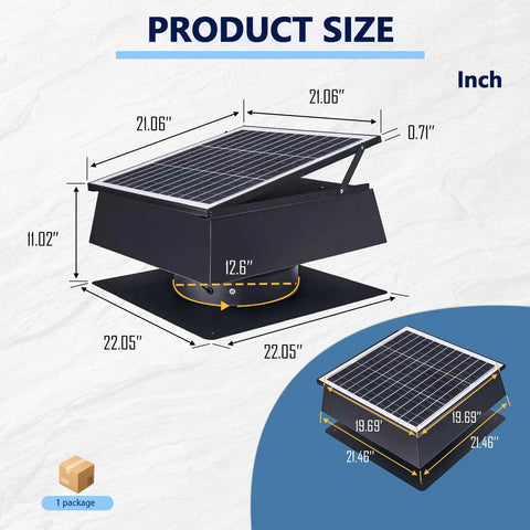 30W Solar Attic Fan With Remote Control And Thermostat For Roof Mount Adjustable Bracket To Catch Maximum Sunlight No Fuss Energy Saving Attic Vent Powered By A Monocrystalline Panel Quiet Cooling For Hot Days product size diagram, 21.06 x 22.05 in