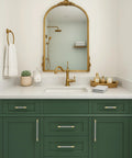Bathroom vanity with Beefy 6.3 Inch Cabinet Pulls Set Of 10 Gold And Nickel Knurled Brushed Finish on green cabinets