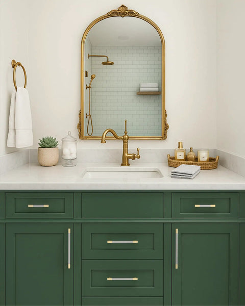 Bathroom vanity with Beefy 6.3 Inch Cabinet Pulls Set Of 10 Gold And Nickel Knurled Brushed Finish on green cabinets