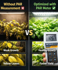 Grow Light Meter With PAR And PPFD Readings 400-700nm Light Tester For Indoor Plants Hydroponics And Greenhouses Accurate Photosynthetically Active Radiation Tool Not Waterproof, PAR meter in hand beside indoor plants
