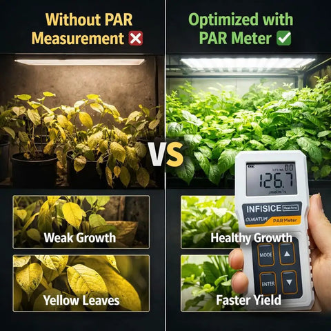 Grow Light Meter With PAR And PPFD Readings 400-700nm Light Tester For Indoor Plants Hydroponics And Greenhouses Accurate Photosynthetically Active Radiation Tool Not Waterproof, PAR meter in hand beside indoor plants