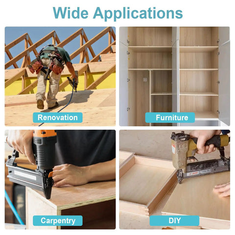 Wide applications of Built Tough 18 Gauge Brad Nails and Fasteners in renovation, furniture, carpentry, and DIY projects.