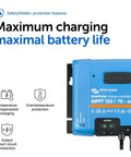 Blue 150V 70A MPPT solar charge controller with protection features displayed