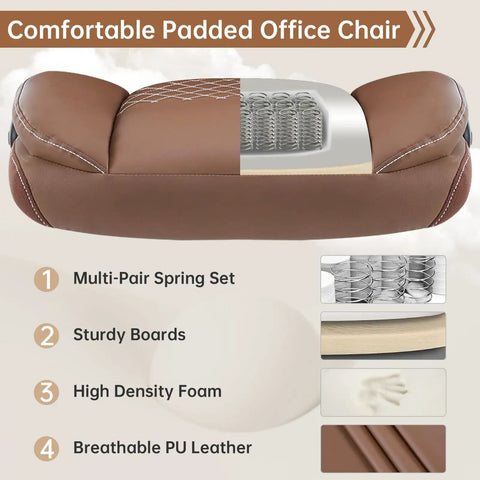 Leather Home Office Desk Chair With Ergonomic Back Support, internal structure with springs, foam, and PU leather, brown